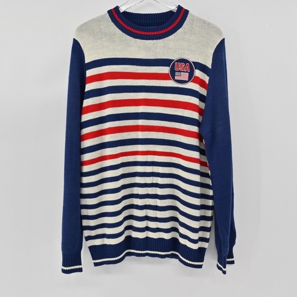 TIPSY ELVES Mens Sweater Sz L Striped USA Flag Crew Neck Retro Preppy Sportswear - Picture 1 of 11